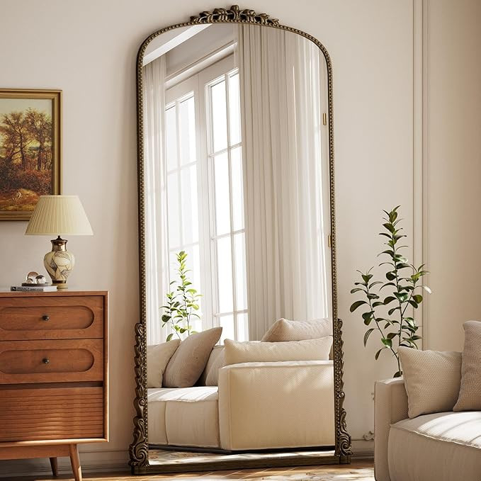 Arched Full Length Mirror, 41'' x 81'' Bronze Floor Body Mirror with Stand, Vintaged Elegant Carv... | Amazon (US)