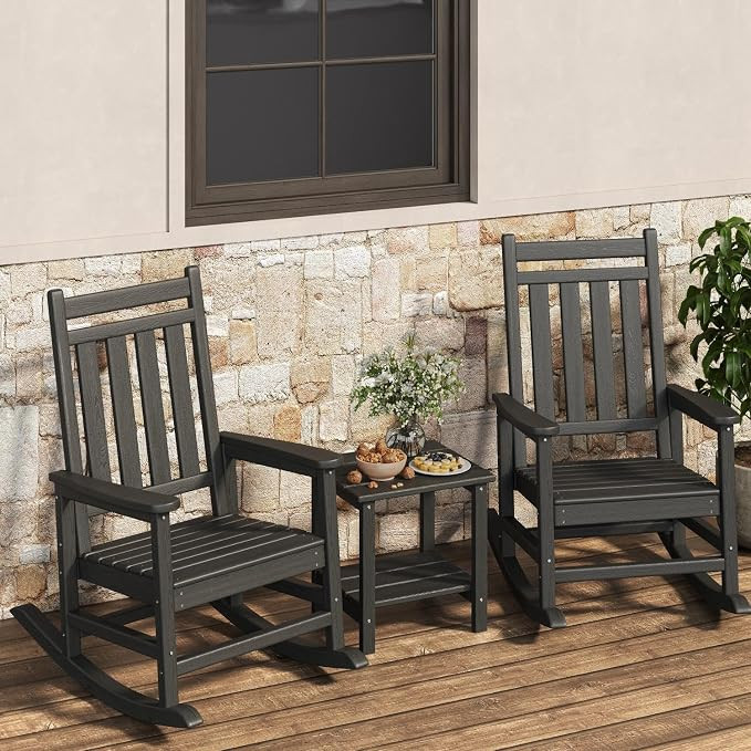 HDPE Rocking Chair Outdoor Set of 2 with Side Table, High Back Rocker | Amazon (US)