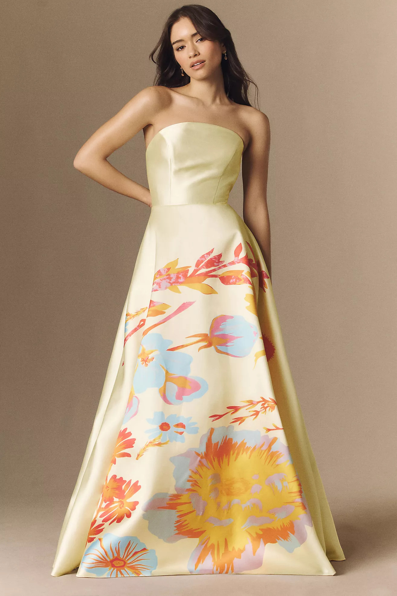 Mac Duggal Yellow Strapless Mikado Floral Ball Gown | Anthropologie (US)