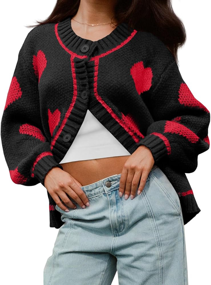Saodimallsu Womens Cute Heart Cardigan Sweaters Chunky Knit Button Down Crewneck Long Sleeve Swea... | Amazon (US)
