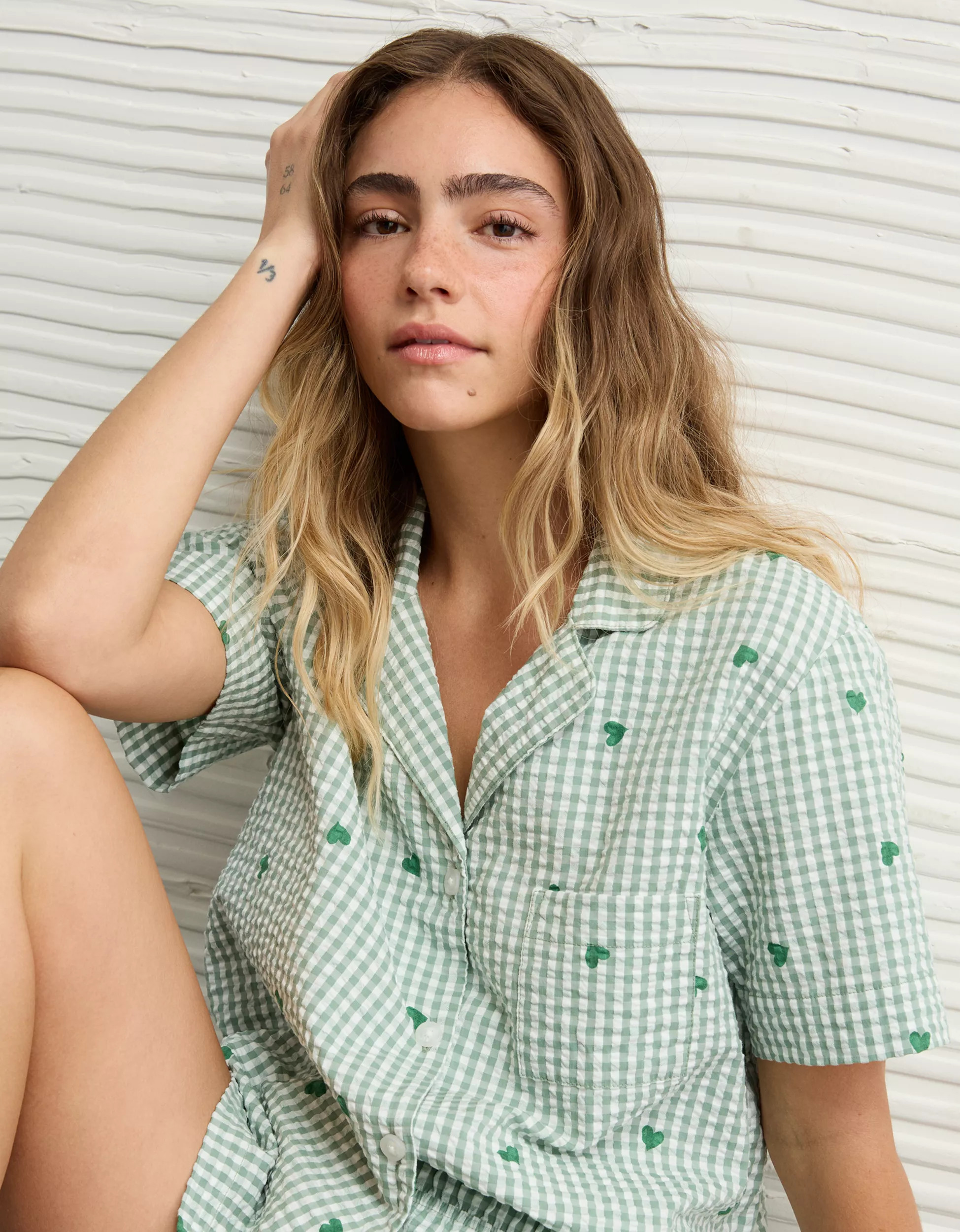 AE Gingham Hearts Seersucker PJ Set | American Eagle Outfitters (US & CA)