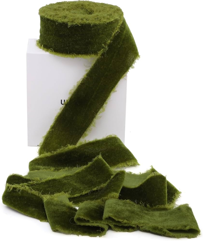 Green Velvet Ribbon 1 1/2 Inch 5 Yards Moss Green Frayed Edge Velvet Ribbon for Christmas Tree Gi... | Amazon (US)