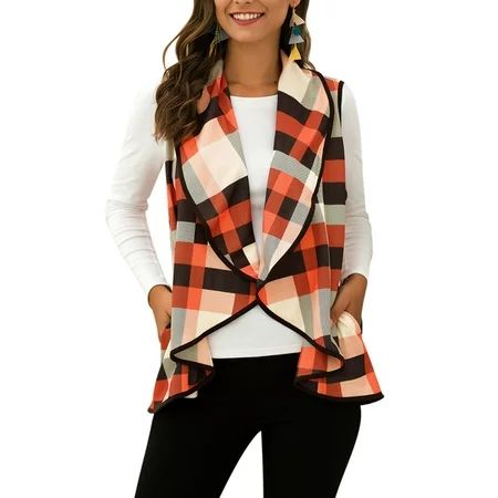 Womens Sleeveless Plaid Vest Irregular Lapel Cardigan Casual Open Front Jackets With Pockets S-XXL | Walmart (US)