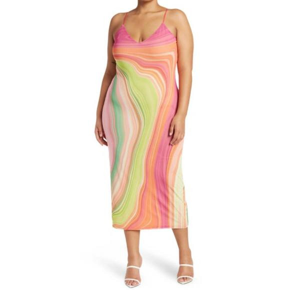 NEW AFRM amina power mesh midi slip dress in abstract spring wave | Poshmark