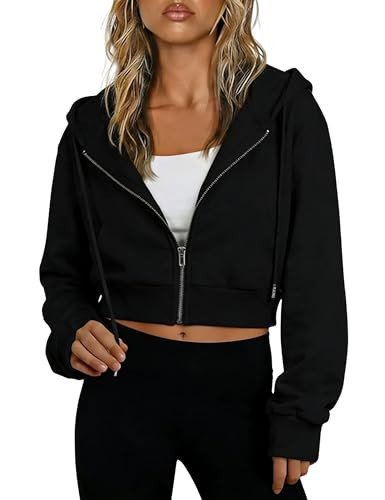 Hooever Womens Cute Workout Cropped Zip Up Drawstring Hoodie Sweatshirt Jacket Black | Amazon (US)