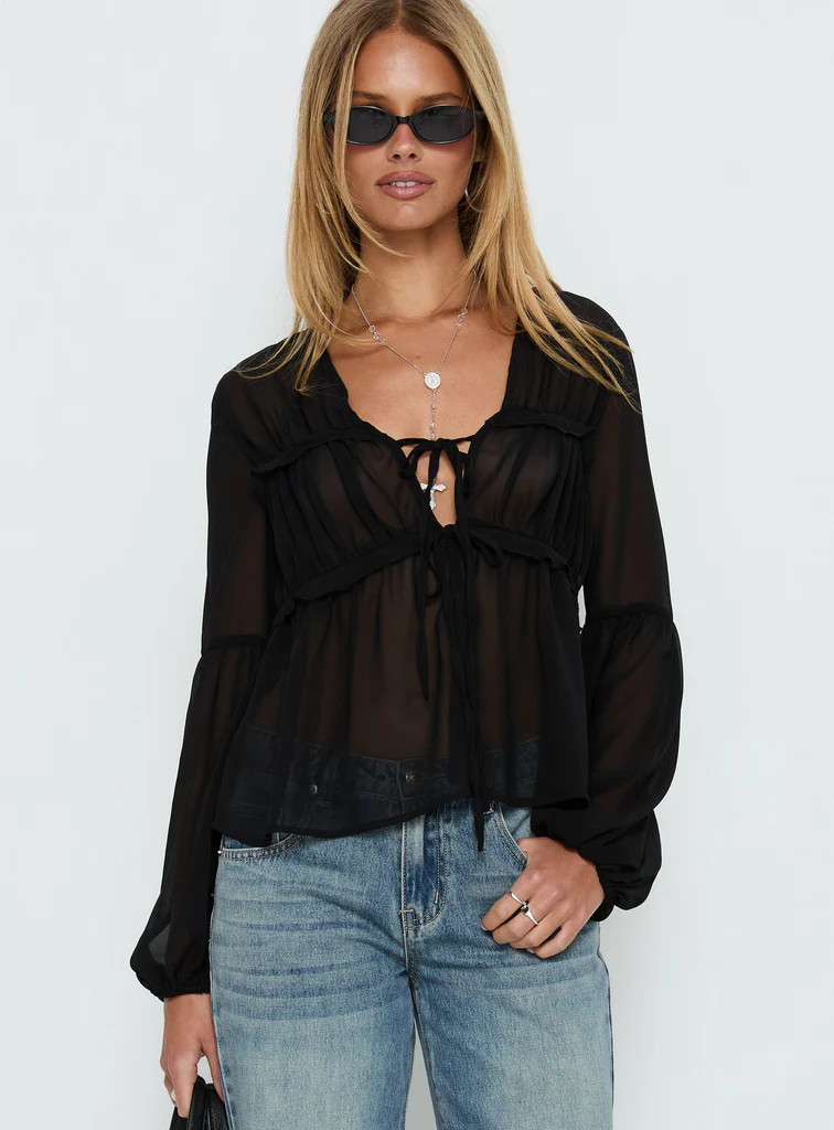 Palapa Tie Detail Sheer Long Sleeve Top Black | Princess Polly US