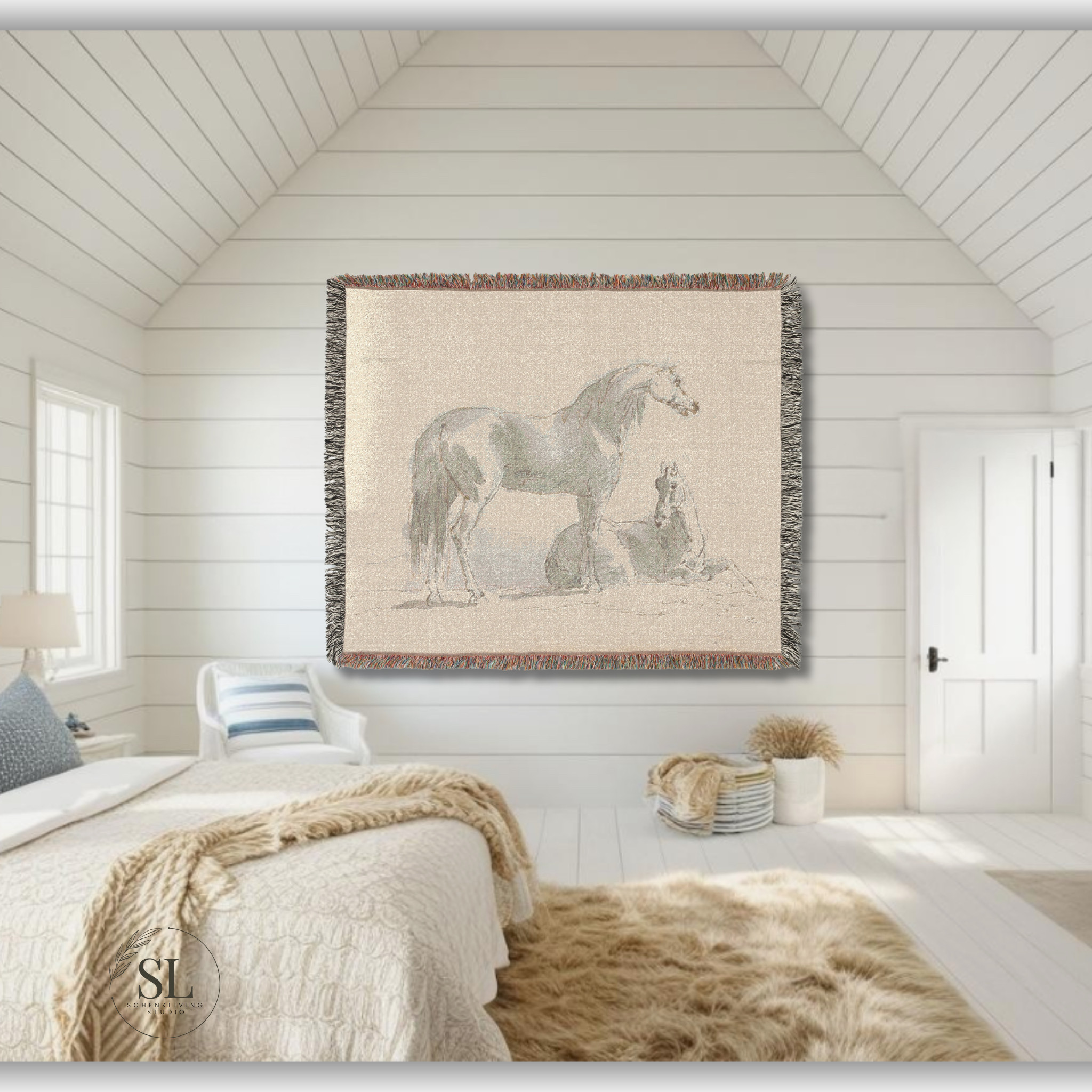 Modern Farmhouse Cottage Bedroom with a warm vintage horse sketch tapestry for the walls or as a throw  

 

#LTKstyletip #LTKfamily #LTKgiftguide