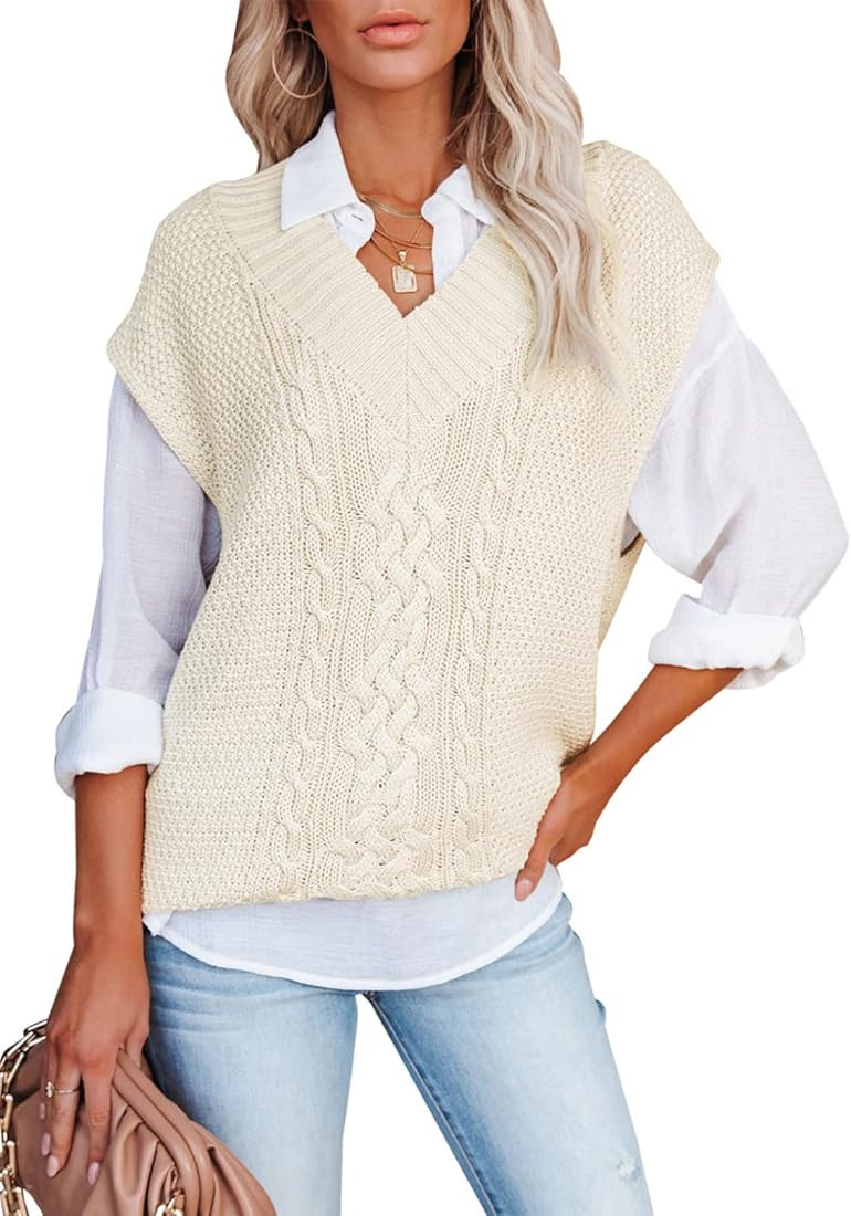 Sweater Vest for Women Trendy V Neck Sleeveless Sweaters Fall 2023 Cable Knit Solid Color Loose T... | Amazon (US)