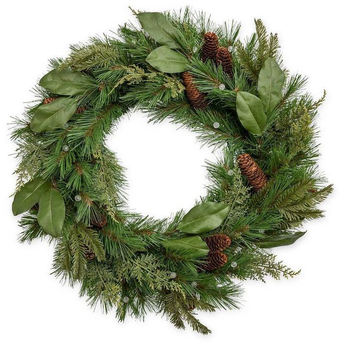 30" Lighted Magnolia Garden Evergreen Wreath With 40 Lights - Plow & Hearth | Target