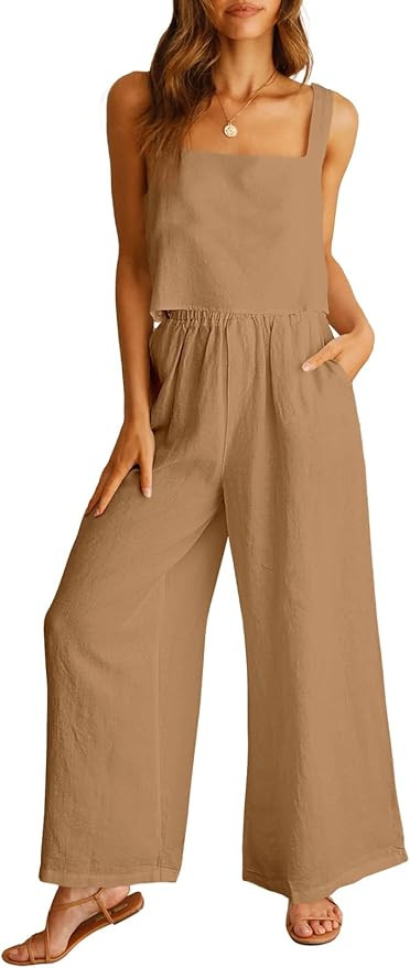 ANRABESS Women's 2 Piece Outfits Square Neck Linen Tank Crop Top Wide Leg Pants Matching Lounge S... | Amazon (US)