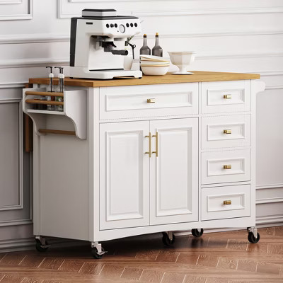 52'' Farmhouse Kitchen Island with Drop Leaf, Rolling Storage Cart with 2 Cabinets, 5 Drawers, Spice & Towel Racks, Adjustable Shelves | Target
