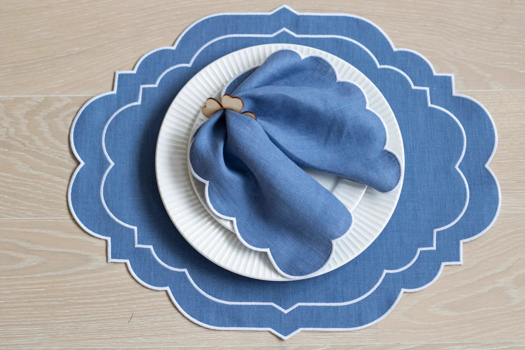 Sky Blue Linen Scalloped Table Mats With Double White Trim for - Etsy | Etsy (US)