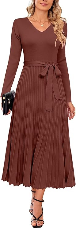 Arach&Cloz Women's Wool Blend Tie Waist Pleated Fall Sweater Dress 2025 | Amazon (US)