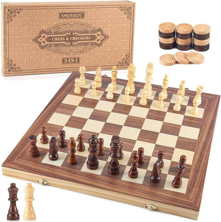 AMEROUS 15'' Wooden Chess & Checkers Set, 2 in 1 Board Games -2 Extra Queens -24 Cherkers Pieces ... | Amazon (US)