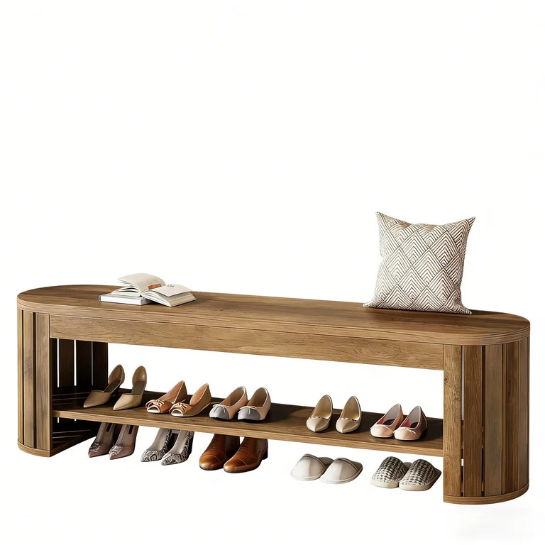 Fnova 63 Inch Farmhouse Entryway Shoe Bench, MDF Storage Bench with Vertical Slat Arc Legs for Be... | Walmart (US)