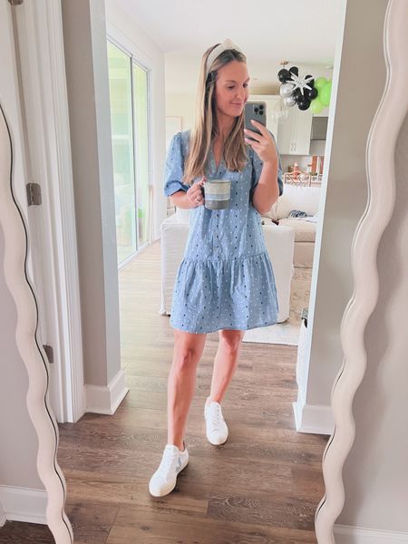 Back in my favorite dress!  
Wearing size small (fits big) 

Loft, Amazon, swing dress, drop waist, Veja, tennis shoes, sneakers, campo, headband, pearls, jcrew, Abercrombie, Nordstrom, old navy, target, work outfit, work style, business casual, blue dress 