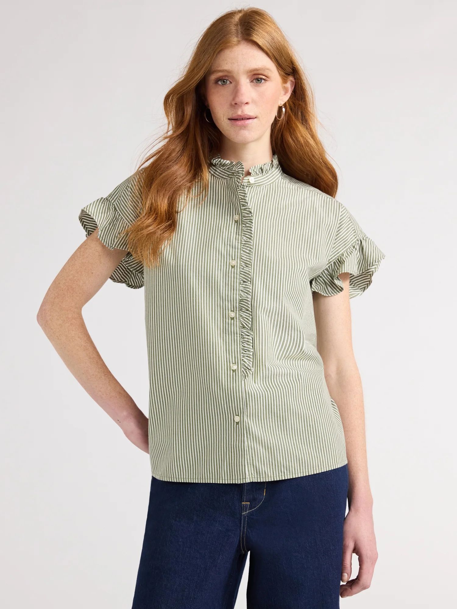 Free Assembly Women's Ruffle Trim Cotton Shirt with Short Sleeves, Sizes XS-XXL | Walmart (US)