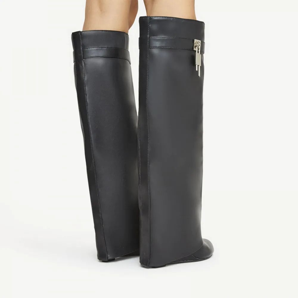 I-Am-The-One Padlock Detail Wedge Heel Knee High Long Boot In Black Faux Leather | EGO Shoes (US & Canada)