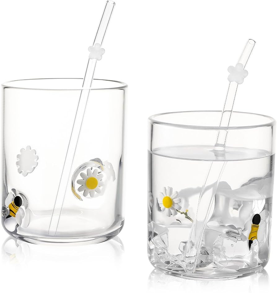 2 Set Bee Icon Juice Glasses with Straw 14oz Cute Pattern Stemless Juice Glass Cups for Tea Water... | Amazon (US)