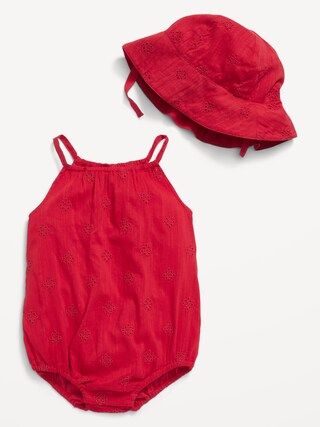 Sleeveless Embroidered Floral Eyelet One-Piece Romper & Bucket Hat Set for Baby | Old Navy (US)
