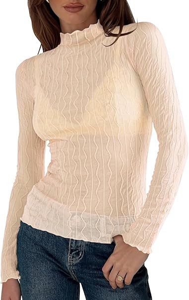 miduo Womens Mesh Sheer Lace Layering Top Mock Neck Long Sleeve See Through Shirt Blouses Tops | Amazon (US)