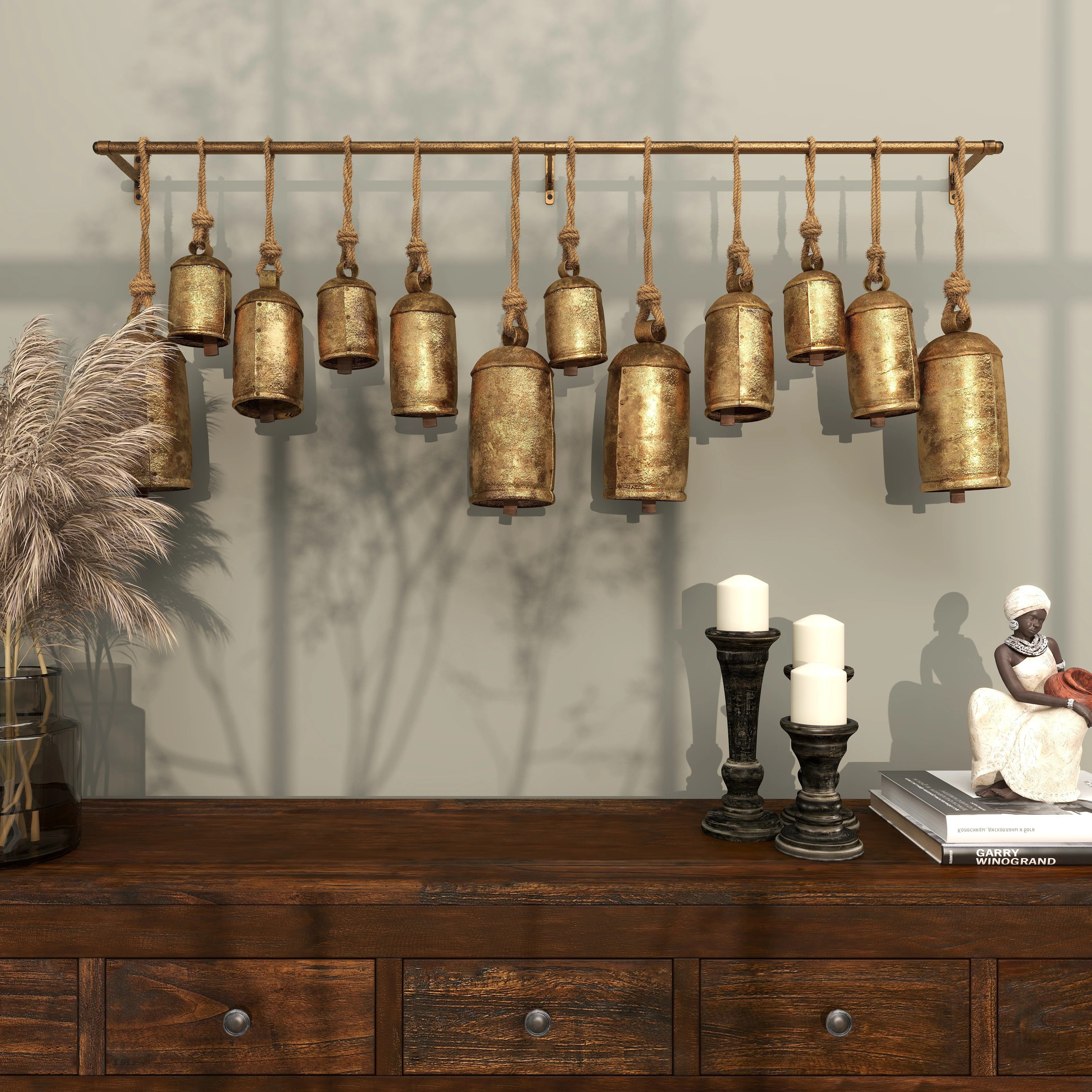 Kelly Clarkson Home Kristen Metal Tibetan Inspired Decorative Cow Bells with 12 Bells on Jute Han... | Wayfair North America