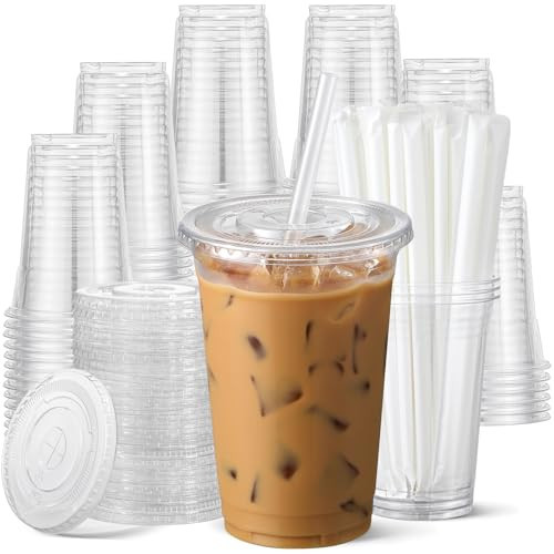 AOZITA 100 Pack - 24 oz Clear Plastic Cups with Lids and Straws, Food Safe Disposable Iced Coffee Cups for Cold Beverages, Smoothies, Iced Coffee, Leak-Proof, BPA-Free | Amazon (US)