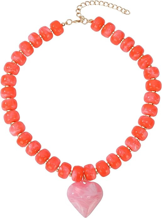 Chunky Colorful Beaded Statement Boho Summer Beach Chokers Necklace Heart Pendant Pink Green Yell... | Amazon (US)