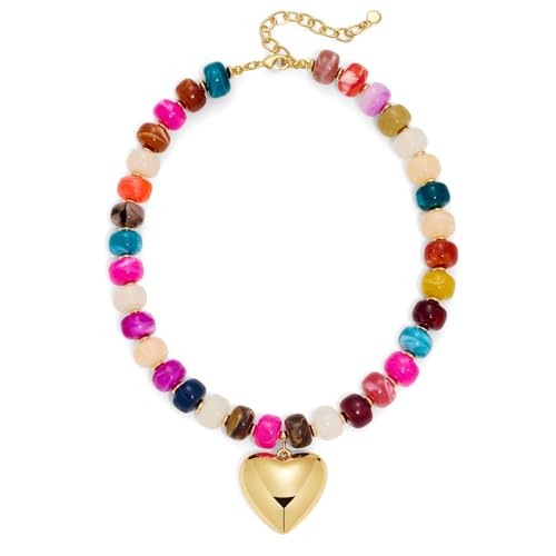 WOWORAMA Colorful Chunky Beaded Heart Necklace for Women Boho Colored Resin Acrylic Beads Choker Necklace Trendy Chunky Puffy Heart Necklaces Statement Jewelry | Amazon (US)