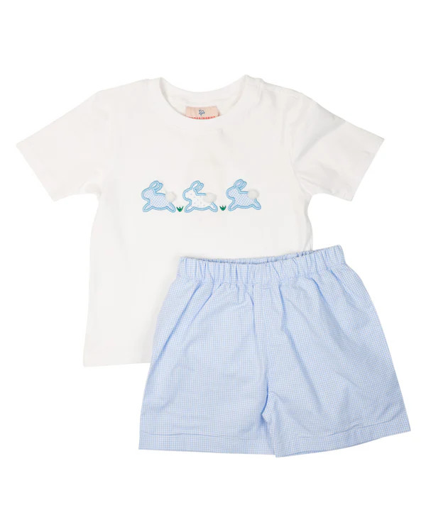 Little Hoppers Bunny Applique shorts Set in Blue | Smockingbird Kids