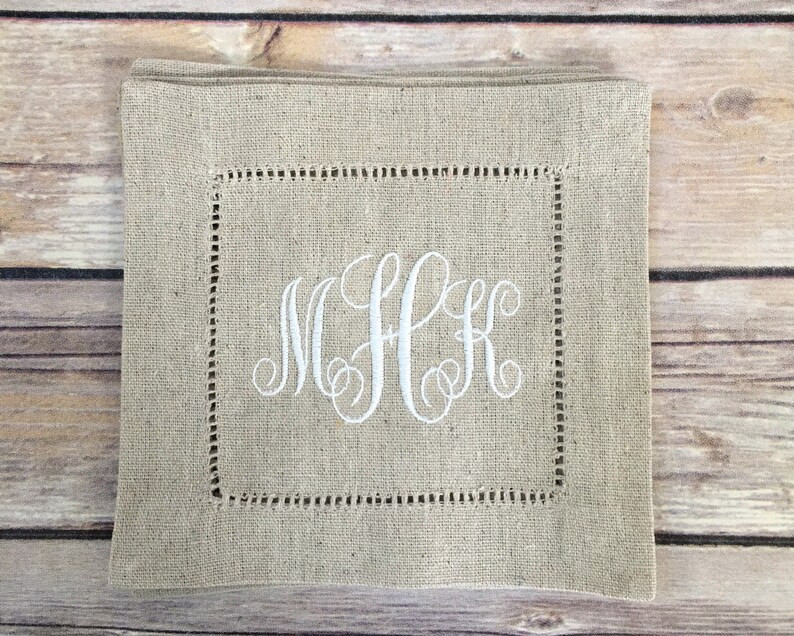 Monogram Embroidered Natural Linen Hemstitched Cocktail Napkins-Personalized Coasters | Etsy (US)