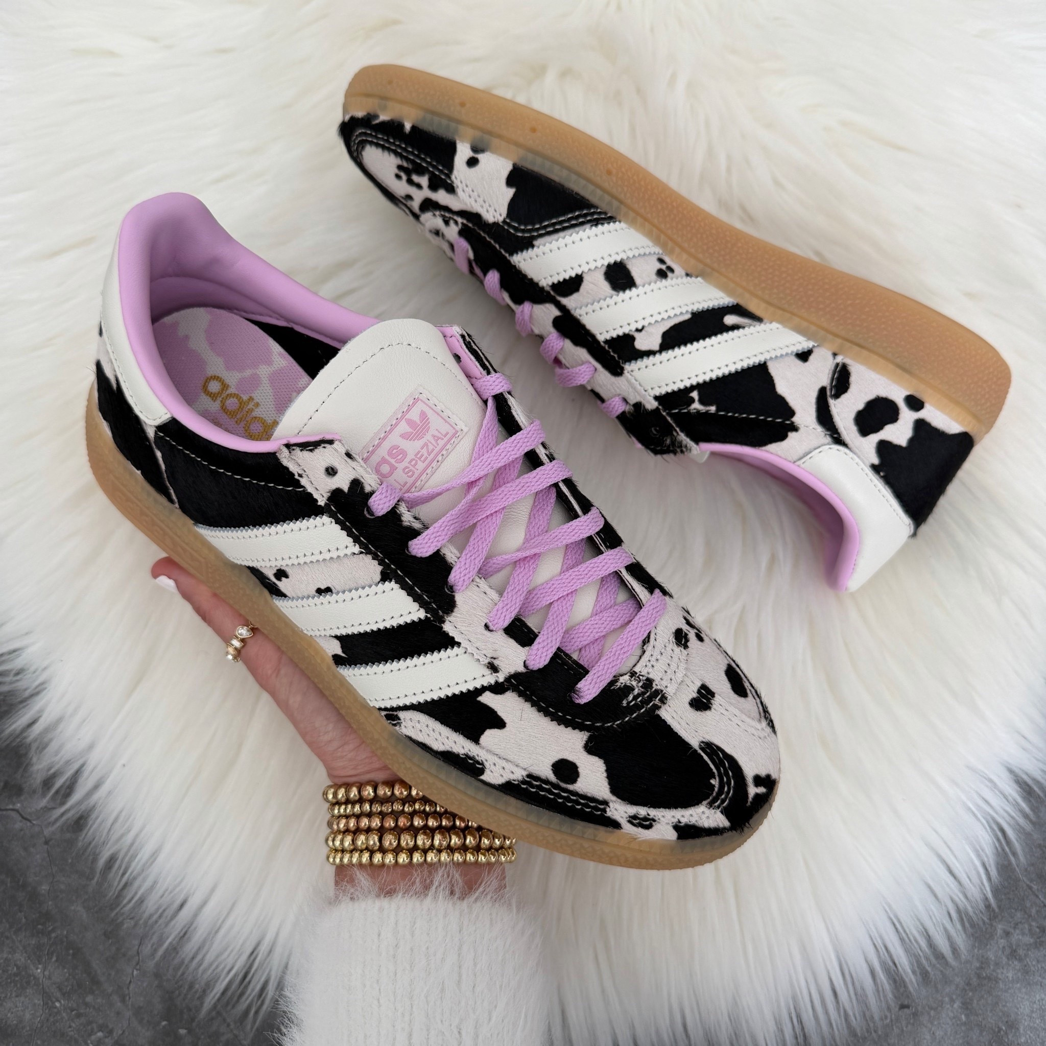 Adidas handball spezial cow print sneakers in off white bliss lilac. I went down a half size now $84 originally $120 with code WINTER
