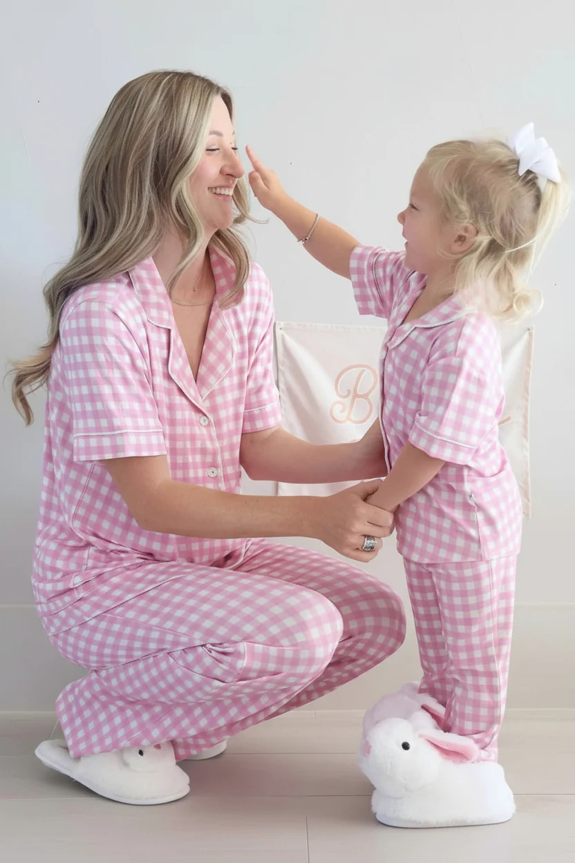 Women's Two Piece Flare Lounge Set | Pink Gingham | Caden Lane