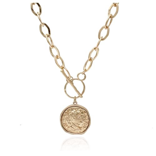 POMINA Chunky Coin Fashion Gold Necklace Trendy Statement Toggle Necklaces Women Antique Gold Coin Pendant Thick Link Chain Layered Gold Necklaces for Women (Worn Gold (B) - 1" coin) | Amazon (US)
