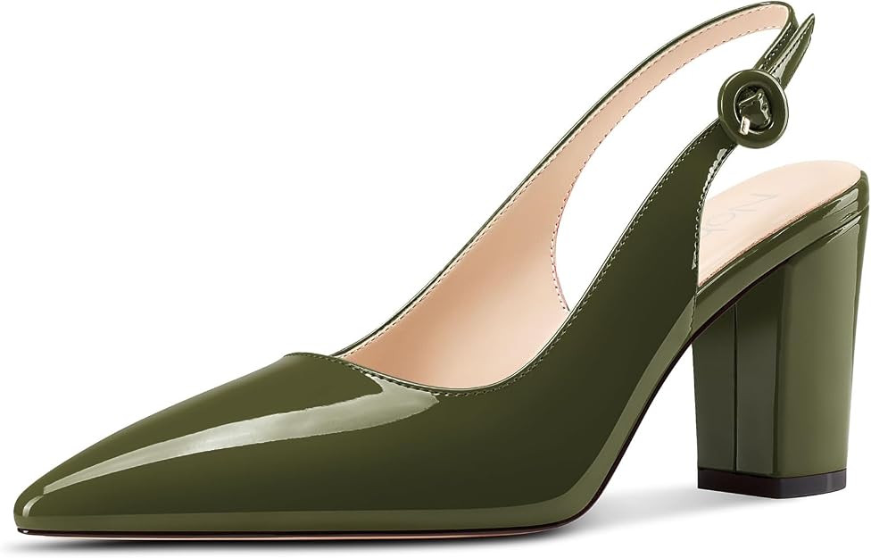 NobleOnly Women's Close Pointed Toe Block Heel Pumps Slingback Pumps Chunky Heel Slip-on Casual P... | Amazon (US)