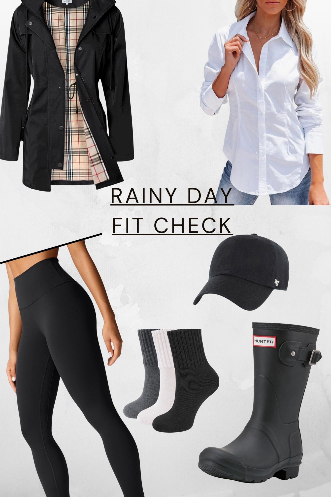 Rainy day fit check ☔️  

Keeping it simple, comfy, and weather-ready with my favorite staples. A classic white button-down layered under a lightweight rain jacket, buttery soft black leggings, cozy socks, and my go-to Hunter boots. Finished it off with a simple black cap for that effortless off-duty vibe.  

Everything is linked here on my LTK 🖤

#LTKActive #LTKSpringSale #LTKOver40