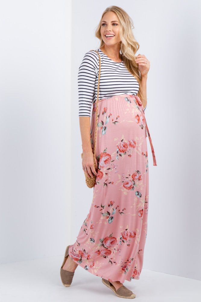 Peach Striped Colorblock Floral Maternity Maxi Dress | PinkBlush Maternity