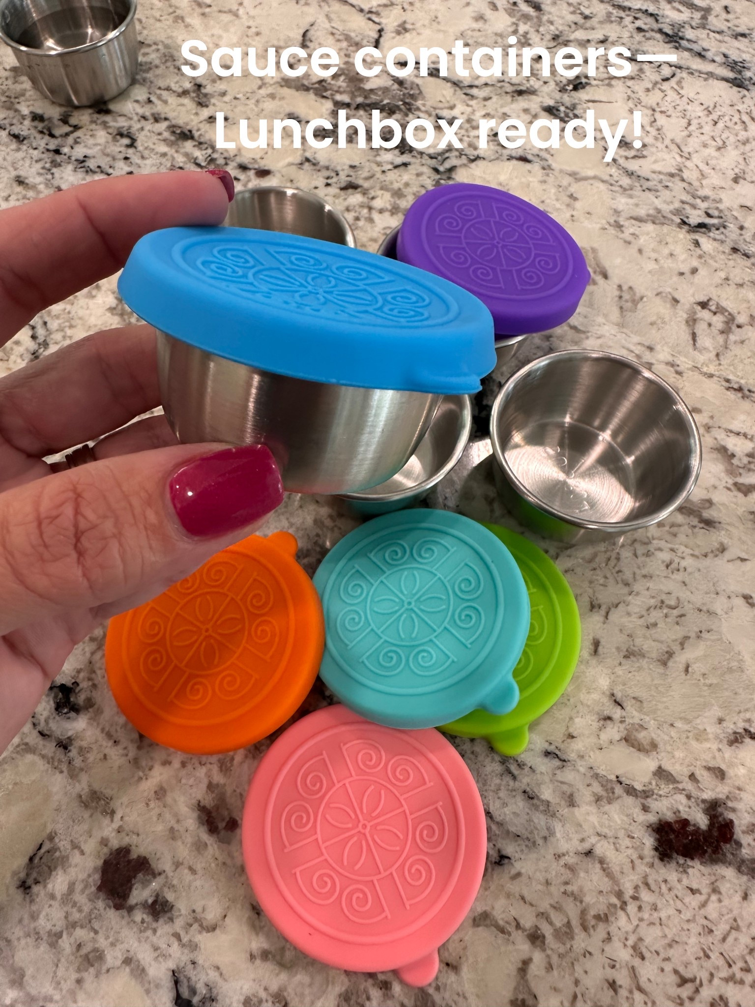 Stainless steel and silicone lids that are leakproof!! Lunchbox ready!
I tried it with water—no leaks! Perfect for dips or dressings!

#LTKHome #LTKKids #LTKFamily