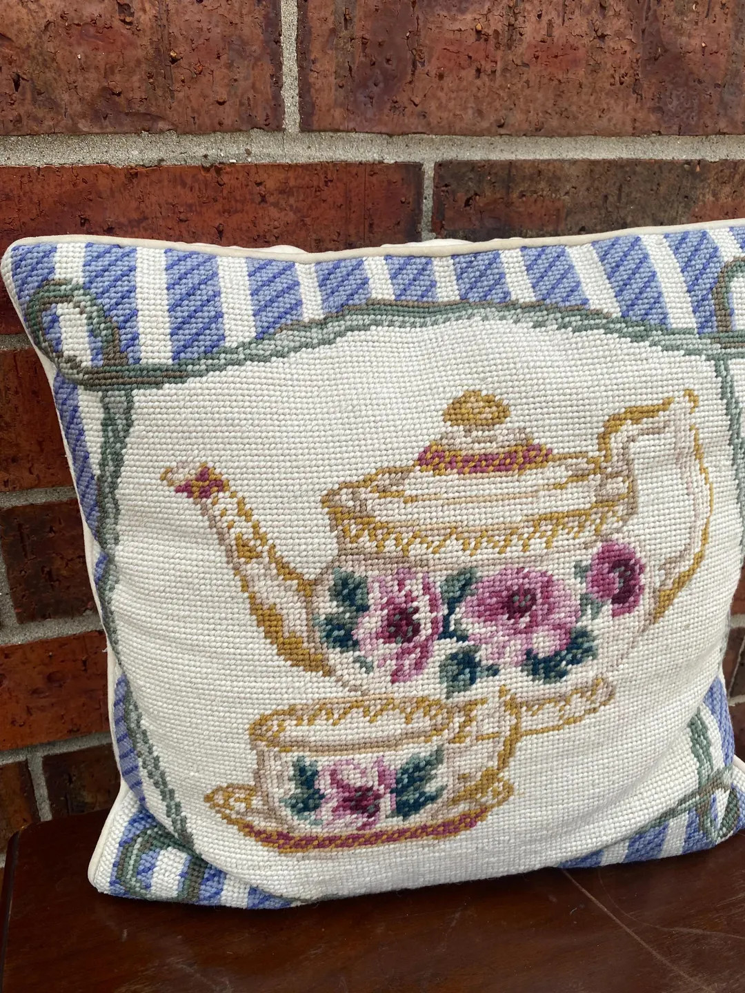 Vintage Floral Needlepoint Pillow: Teapot Design, Velvet Back - Cottagecore Decor | Etsy (US)
