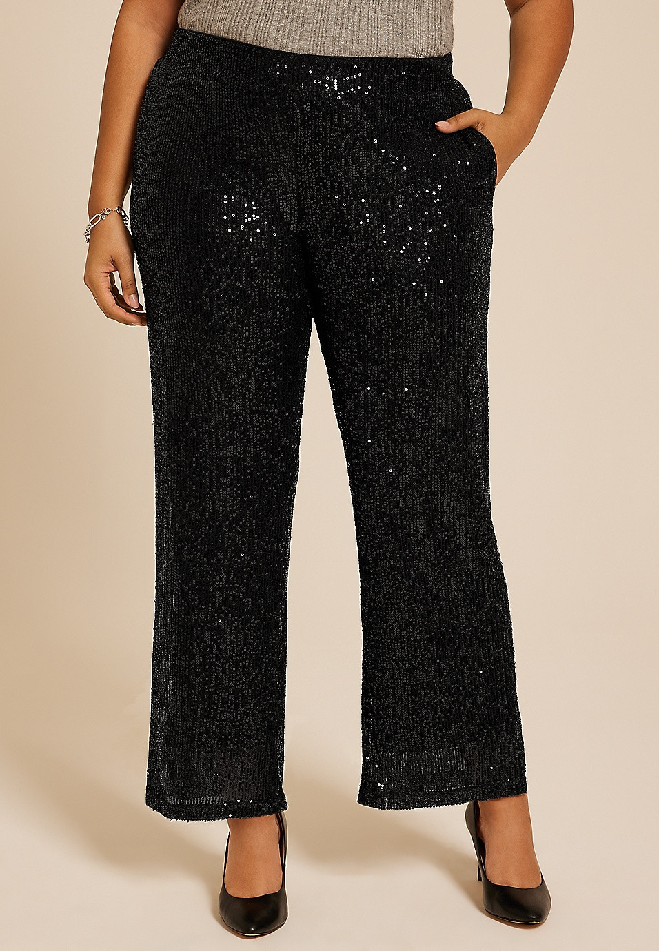 Plus Size Studio Y Sequin High Rise Wide Leg Pant | Maurices
