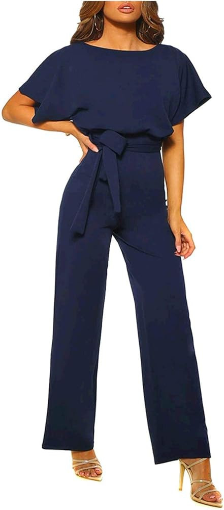 Happy Sailed Women Casual Loose Short Sleeve Belted Wide Leg Pant Romper Jumpsuits | Amazon (US)