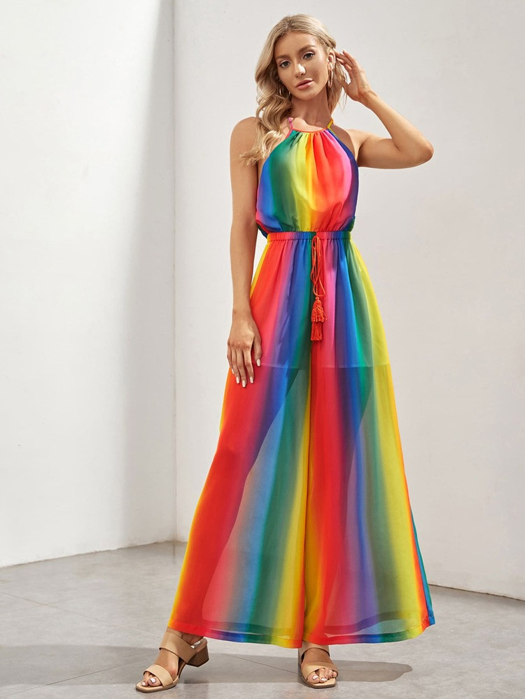 SHEIN Rainbow Striped Crisscross Back Tassel Knot Halter Jumpsuit | SHEIN