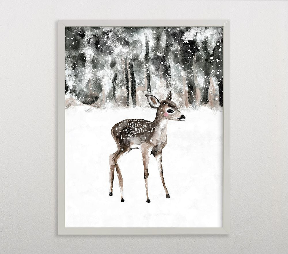 Limited Edition Minted Winter Baby Deer Art, 11x14, Light Gray Wood Frame | Pottery Barn Kids