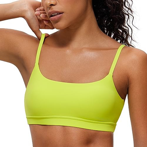 CRZ YOGA Womens Butterluxe Adjustable Spaghetti Strap Sports Bra - Scoop Neck Wireless Padded Bra Yoga Workout Crop Top Neon Yellow Small | Amazon (US)
