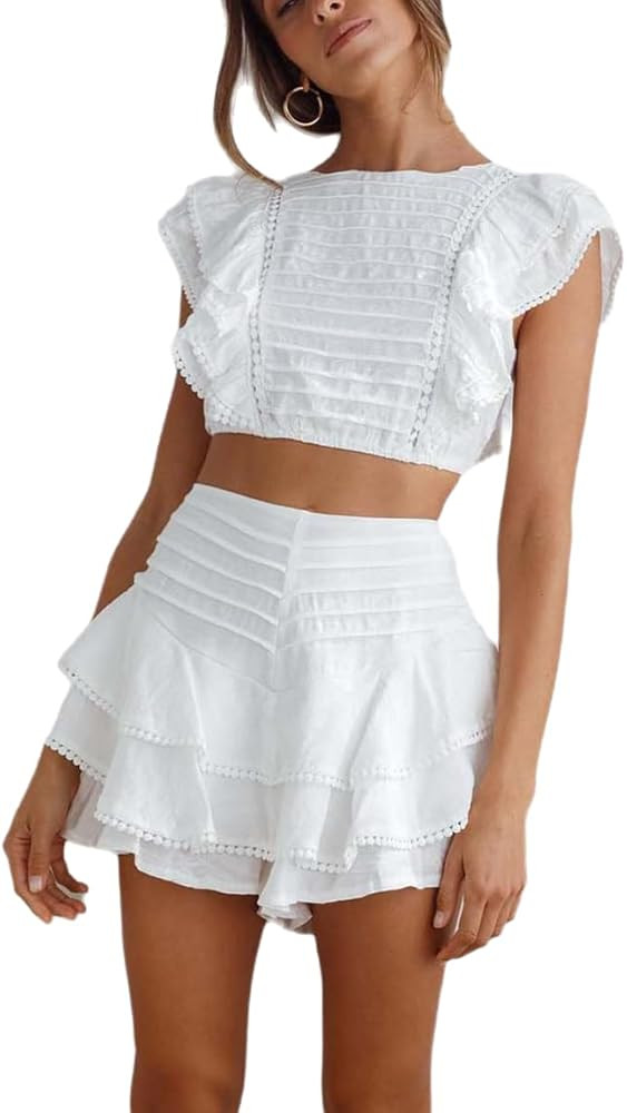 Skirt Set Two Piece Sets for Women Floral Print Ruffled Crop Tops with Layered Mini Skirts Vacati... | Amazon (US)
