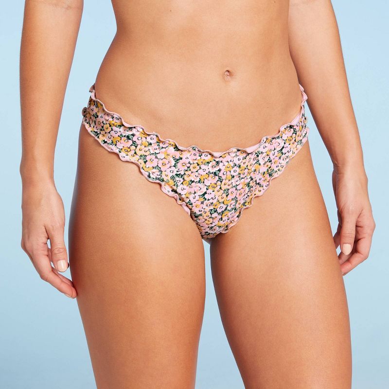 Women's Ruffle Cheeky Bikini Bottom - Shade & Shore™ Yellow Floral | Target