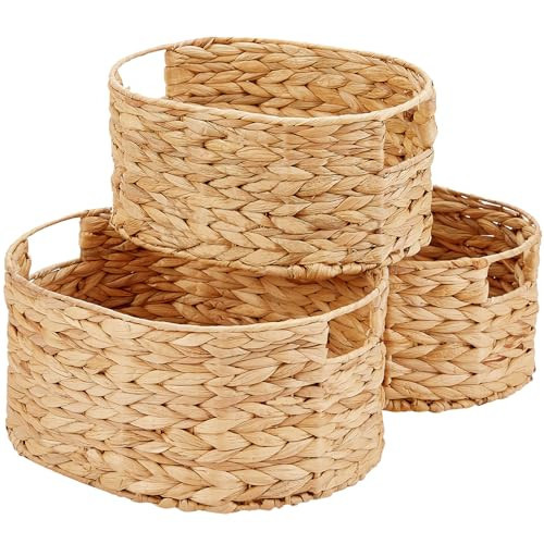 Vagusicc Wicker Basket, 3-Pack Hand-Woven Water Hyacinth Wicker Storage Basket with Handles, Large Woven Storage Baskets for Shelves, Round Storage Baskets for Organizing & Decor | Amazon (US)