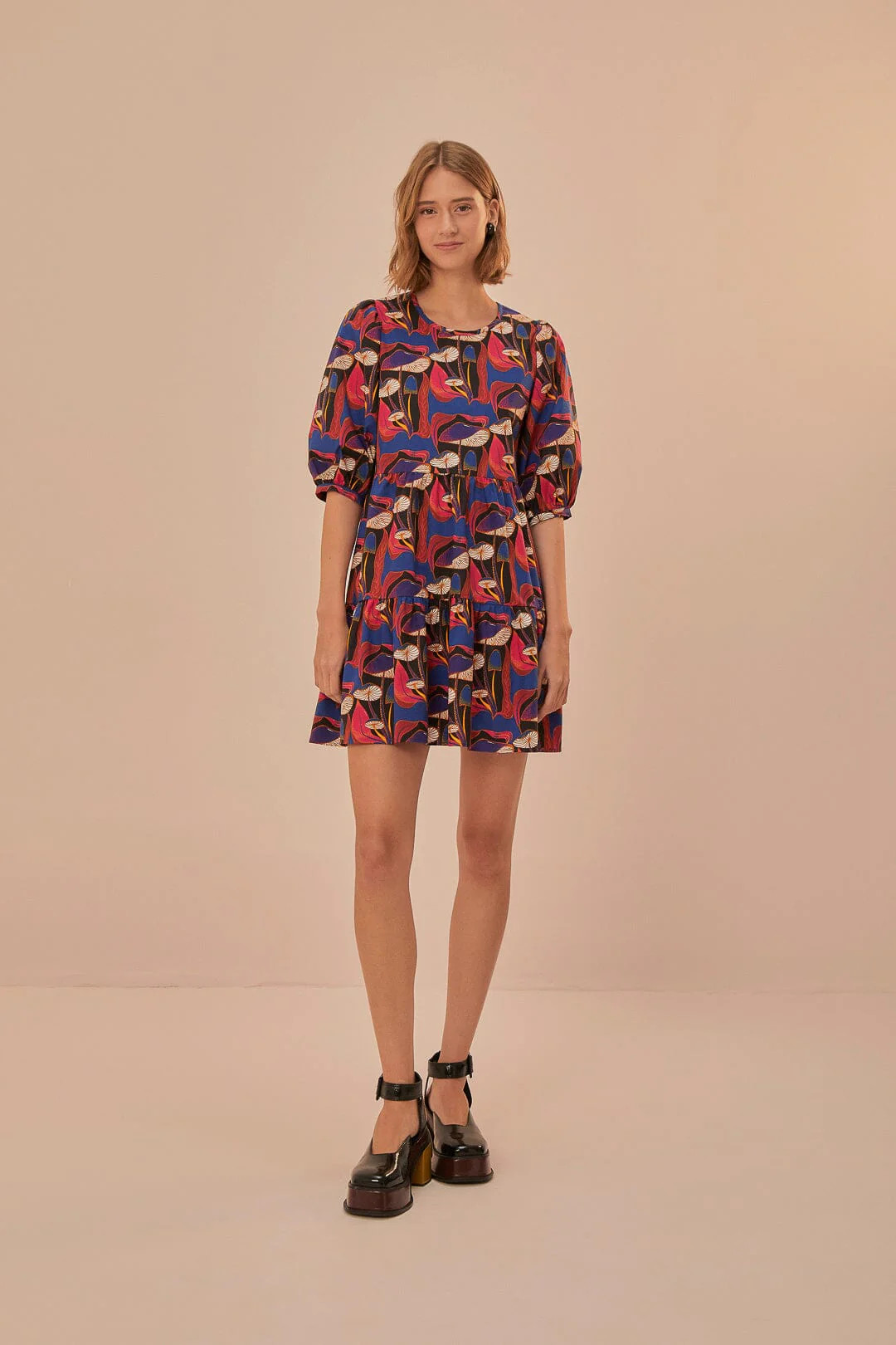 Wild Mushrooms Black Puff Sleeve Mini Dress | FarmRio (US)