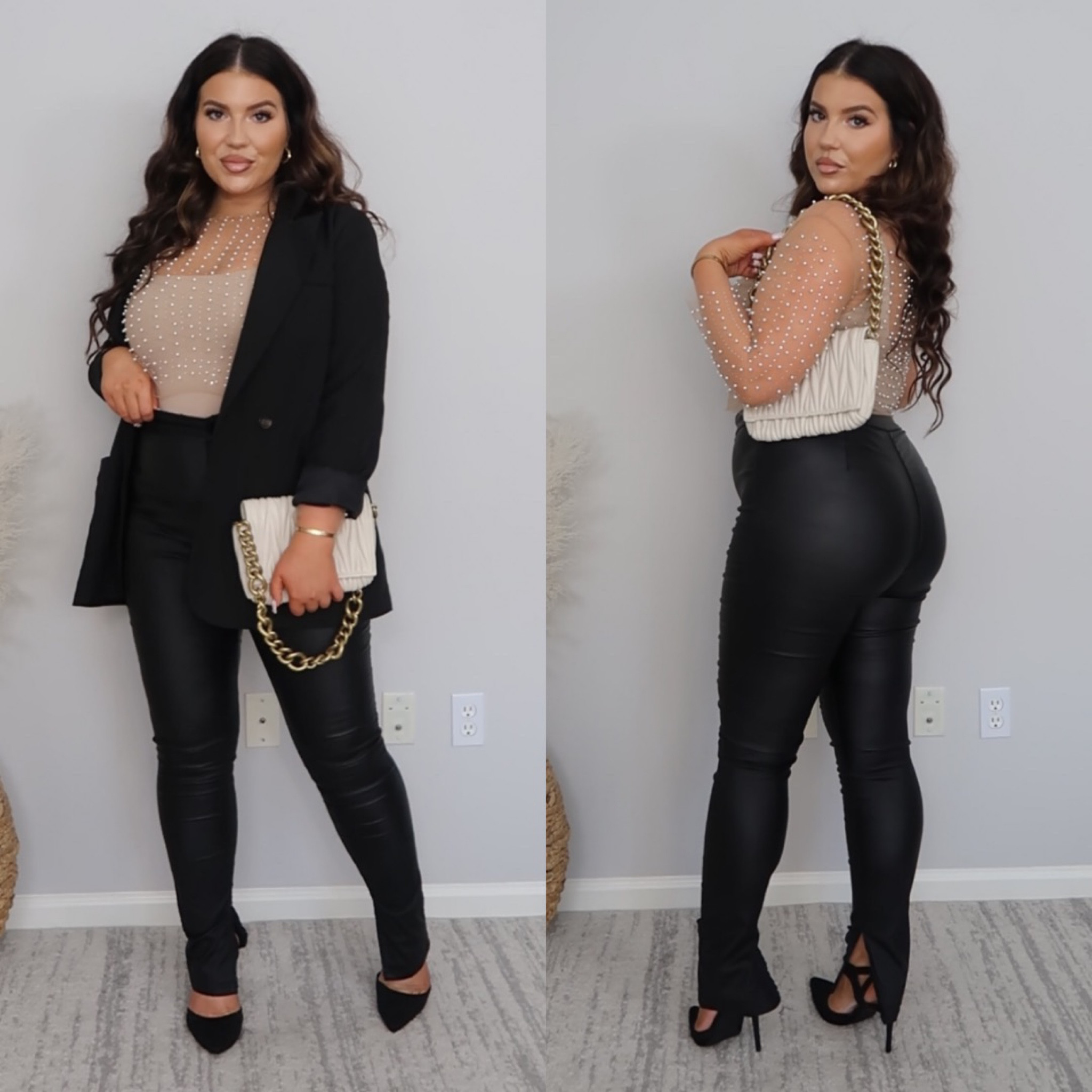 Date Night Outfit Idea!🖤 
This pearl and rhinestone mesh tip elevate any outfit to the next level! The faux leather pants are very stretchy (I’m wearing a size 11) and these black heels are incredibly comfy for their height! Wearing an L in the pearl-mesh top (runs small in the arm, so consider sizing up!) and a L in the bodysuit. Cheers babes! 🥂

#LTKstyletip #LTKfindsunder50 #LTKshoecrush
