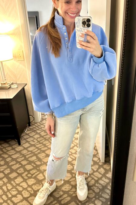 The coziest sweatshirt, cute snaps and collar, comes in a bunch of pretty colors perfect for Spring and Summer. My favorite jeans, Spring Veja sneakers 

#LTKstyletip #LTKshoecrush #LTKSeasonal